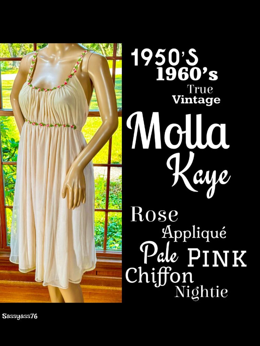 🆕VTG▪️MOLLA KAYE▪️RARE Rose Appliqué Satin Belted Pale Pink Chiffon Nightie